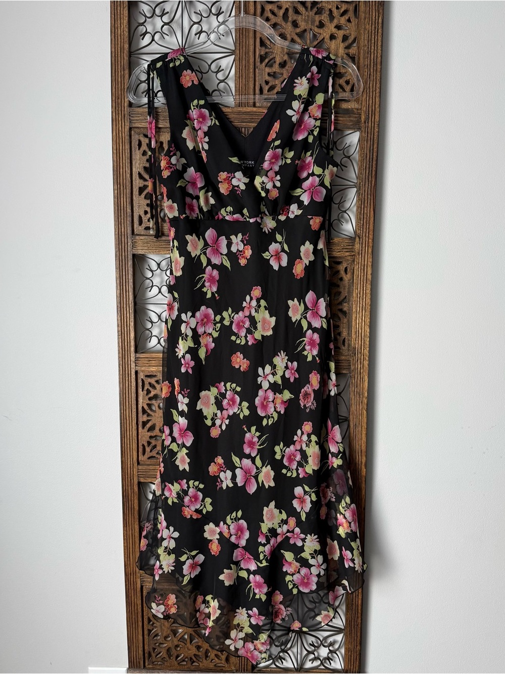New York & Company Black Midi Dress with Pink Floral Print
